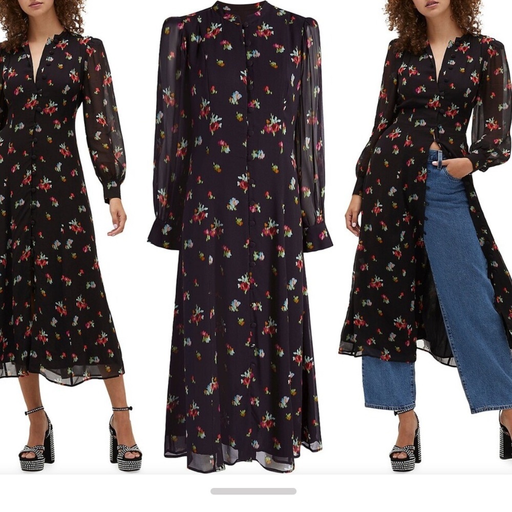 Hill House Cindra Midi Dress Black Ikat Floral Long Sleeve Excellent Size XS - Picture 10 of 10